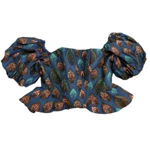 NEW! Grass-Fields Top Fea African Print Puff Sleeves Elasticated Blue Size 22